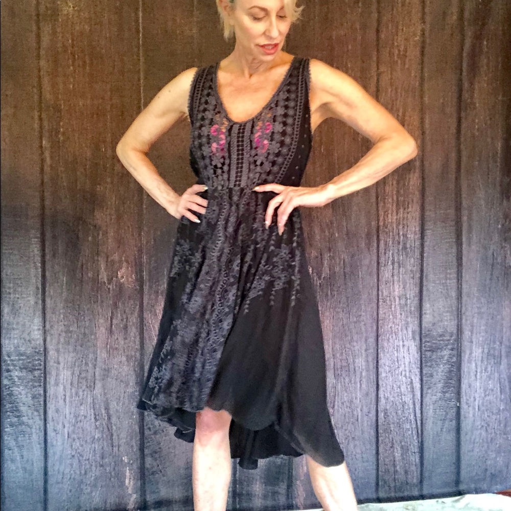 Black BOHO Johnny Was lace inset dress.